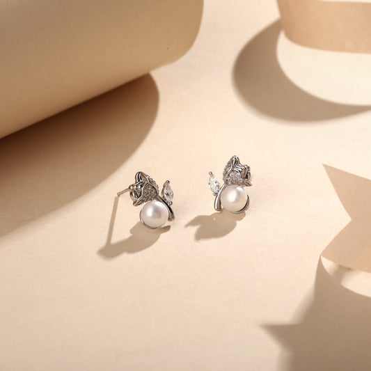 Rose Shape Freshwater Pearl Silver Plated Romantic Stud Earring