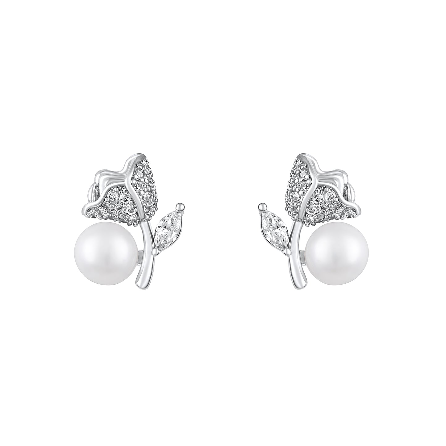 Rose Shape Freshwater Pearl Silver Plated Romantic Stud Earring