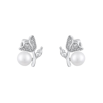Rose Shape Freshwater Pearl Silver Plated Romantic Stud Earring