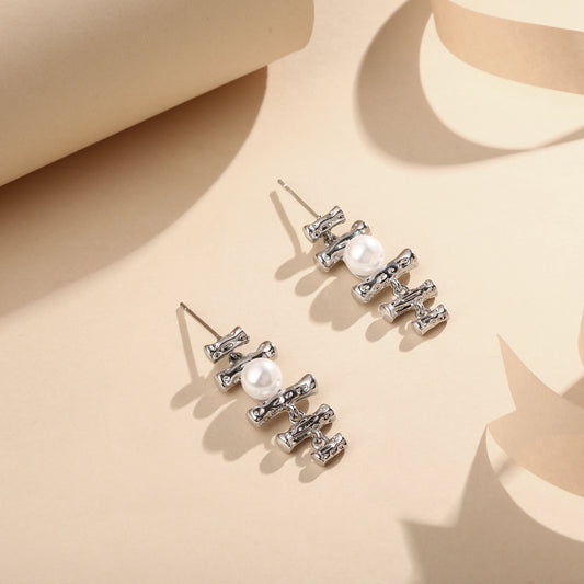Pearl Bamboo Shape Silver Plated Dangle Earring