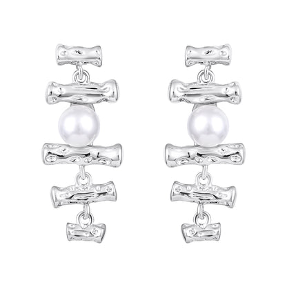 Pearl Bamboo Shape Silver Plated Dangle Earring