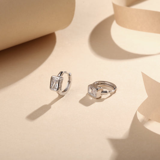 Crystal Frame Stud Look Hoop Earring Silver Plated Zircon Earring