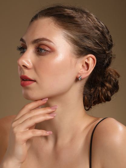 Crystal Frame Stud Look Hoop Earring Silver Plated Zircon Earring