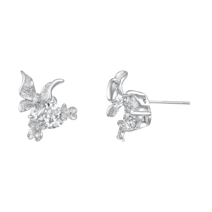 Butterfly Floral Silver Plated Zircon Stud Earring