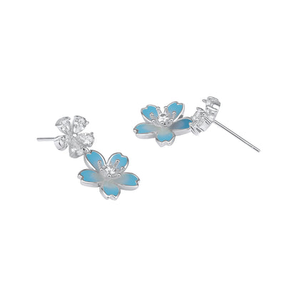 Coloured Dual Flower Silver Plated Zircon Dangle Earring