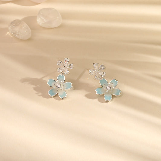 Coloured Dual Flower Silver Plated Zircon Dangle Earring
