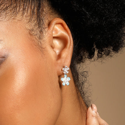 Coloured Dual Flower Silver Plated Zircon Dangle Earring