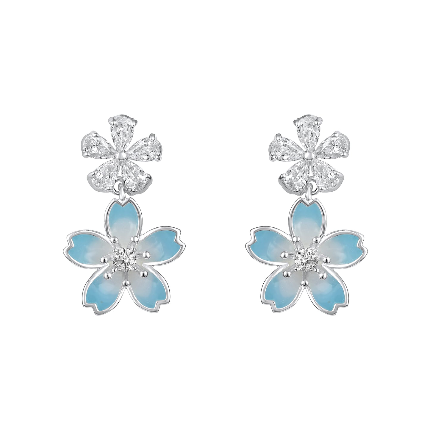 Coloured Dual Flower Silver Plated Zircon Dangle Earring