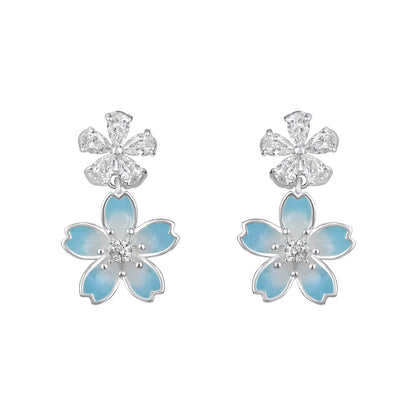 Coloured Dual Flower Silver Plated Zircon Dangle Earring