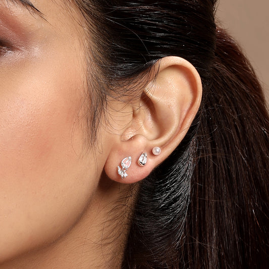 Rose Flower Shape Silver Plated Zircon Set Of 3 Stud Earring