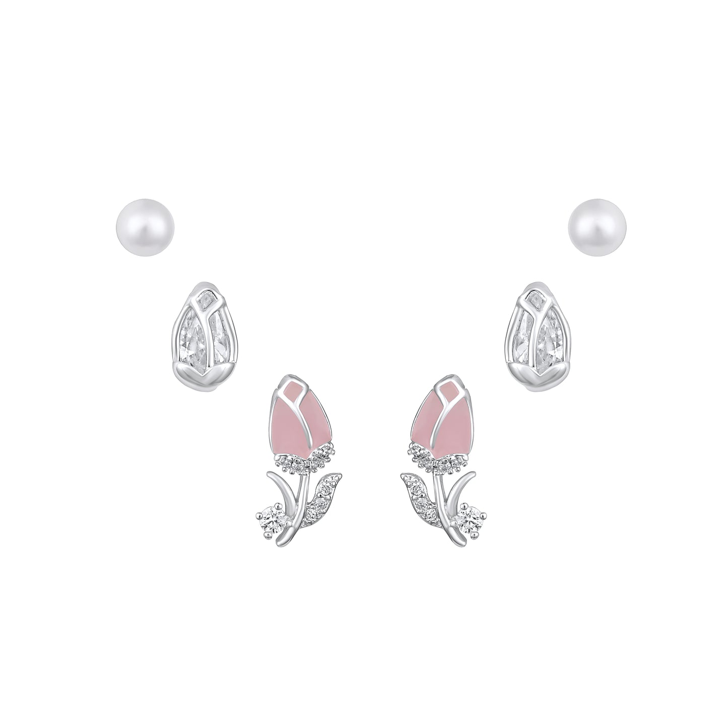 Rose Flower Shape Silver Plated Zircon Set Of 3 Stud Earring