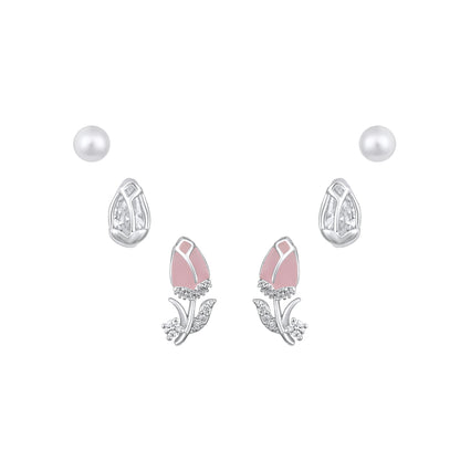 Rose Flower Shape Silver Plated Zircon Set Of 3 Stud Earring