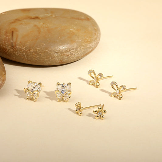 Flower and Butterfly Design 18KT Gold Plated Zircon Set Of 3 Stud Earring