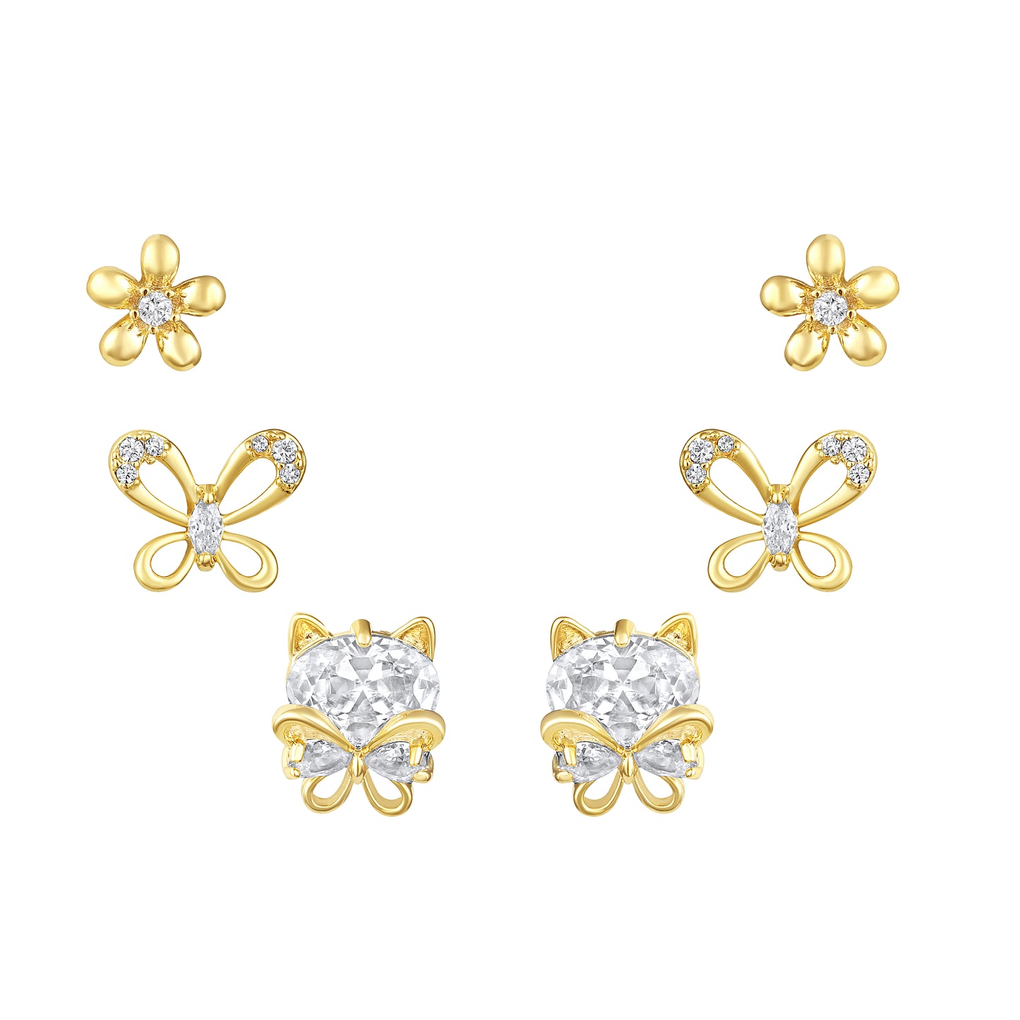 Flower and Butterfly Design 18KT Gold Plated Zircon Set Of 3 Stud Earring