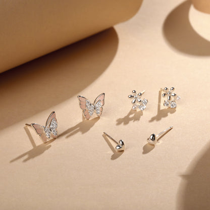 Charm Nest Butterfly Design Silver Plated Zircon Set Of 3 Stud Earring