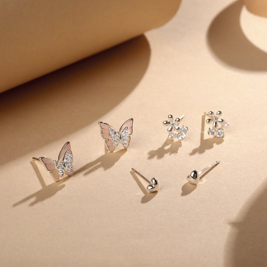 Charm Nest Butterfly Design Silver Plated Zircon Set Of 3 Stud Earring