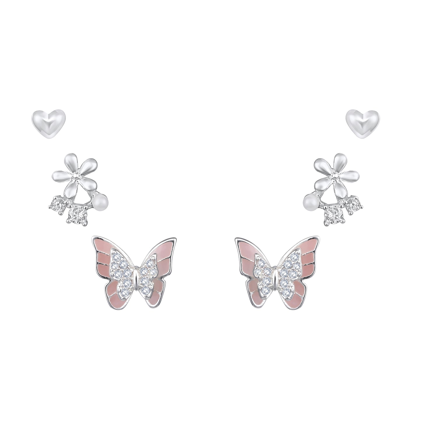 Charm Nest Butterfly Design Silver Plated Zircon Set Of 3 Stud Earring