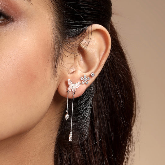 Flower Papillon Design Silver Plated Zircon Set Of 3 Stud Earring