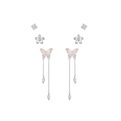 Flower Papillon Design Silver Plated Zircon Set Of 3 Stud Earring