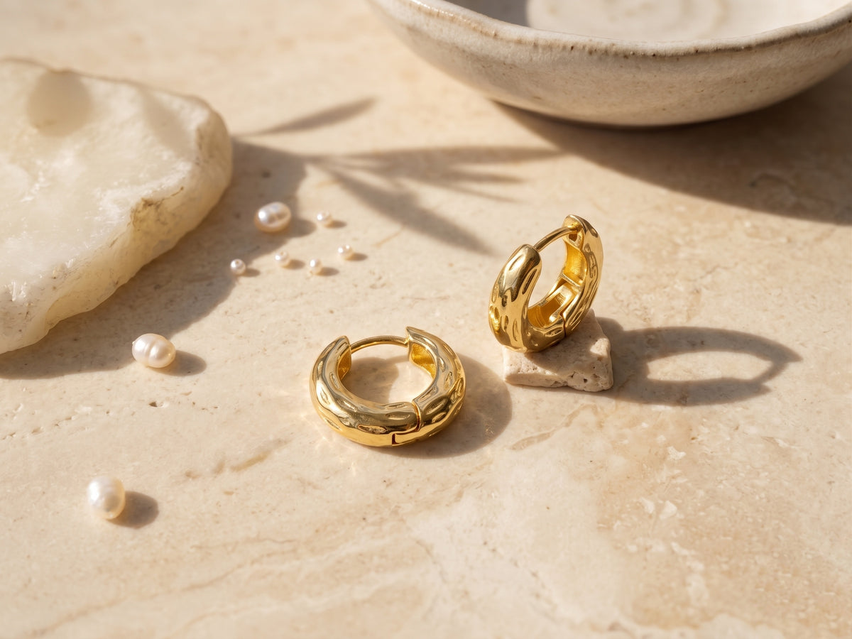 Chunky Hammered Huggie 18kt Gold Plated Hoops Earring