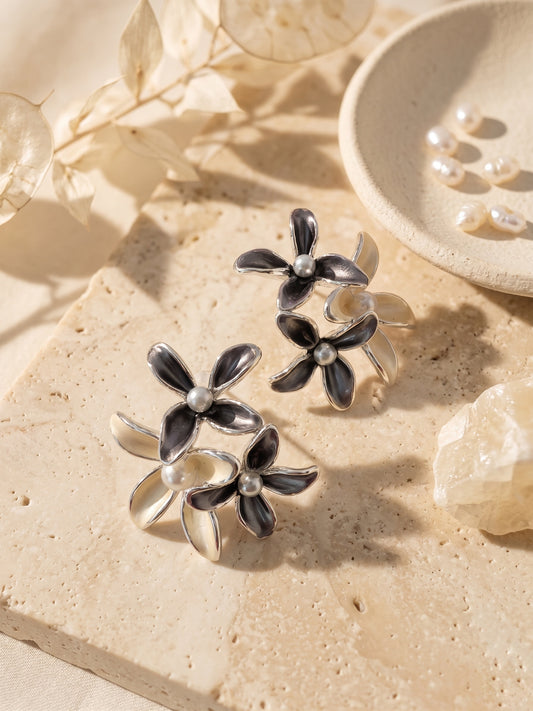 Floral Enamel Pearl Finish Silver Stud Earring