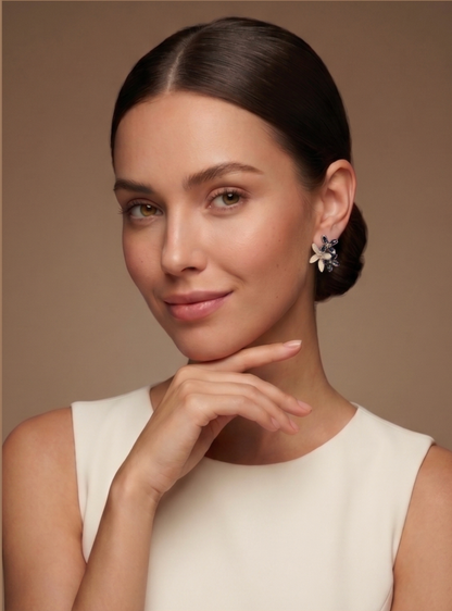 Floral Enamel Pearl Finish Silver Stud Earring