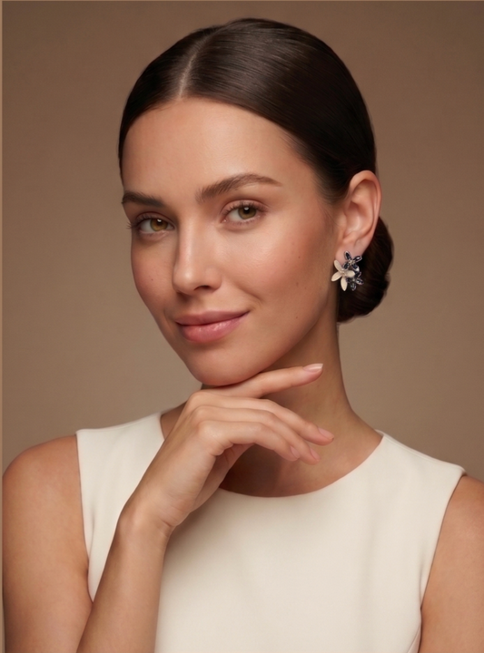 Floral Enamel Pearl Finish Silver Stud Earring