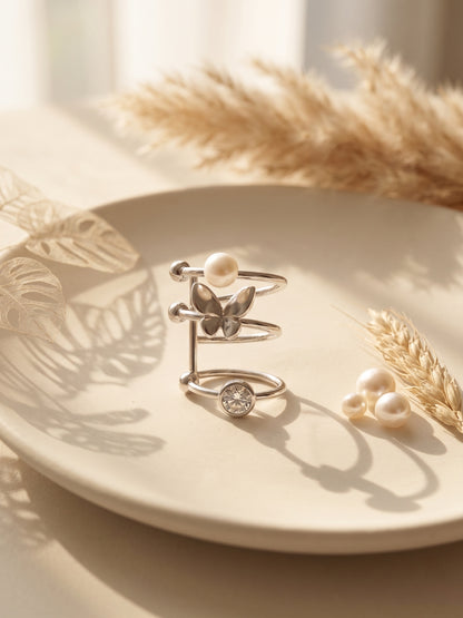 Spiral Pearl Butterfly Silver Ear Cuff Earring