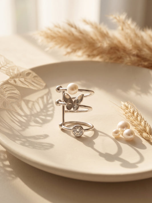 Spiral Pearl Butterfly Silver Ear Cuff Earring