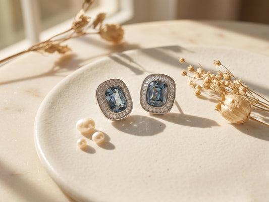 Luxury Sapphire Blue Zircon Silver Tone Studs Earring