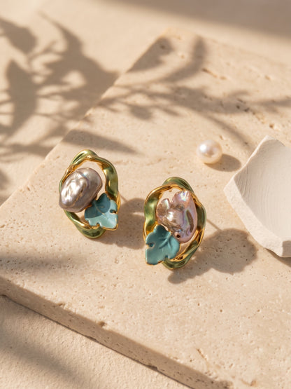 Artistic Colourful Pearl Leaf 18kt Gold Plated Earring