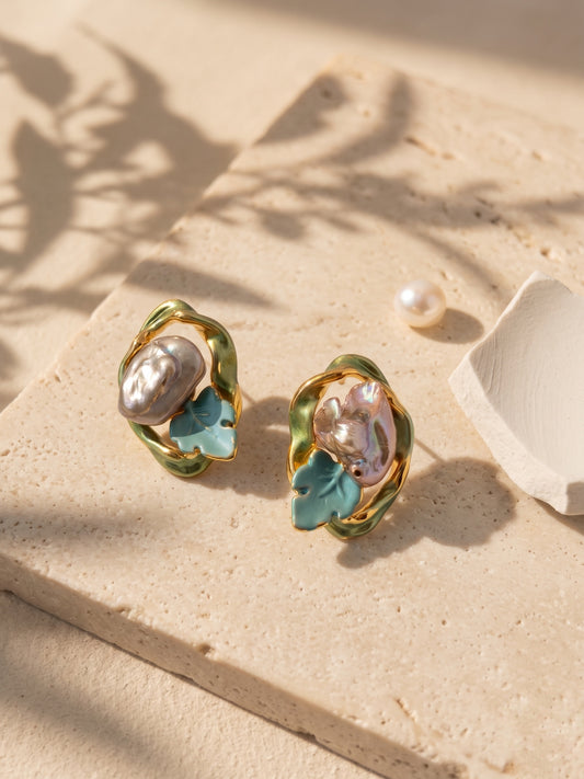 Artistic Colourful Pearl Leaf 18kt Gold Plated Earring