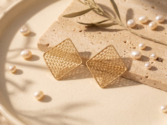 Square Lattice 18kt Gold Plated Stud Earring
