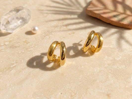 Chunky Dual Band 18kt Gold Plated Hoops Like Stud Earring