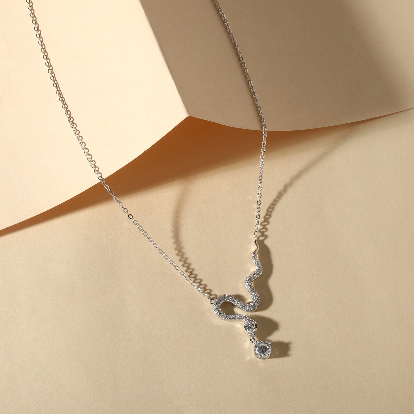 Green Eyed Snake Design Silver Plated Zircon Pendant Chain