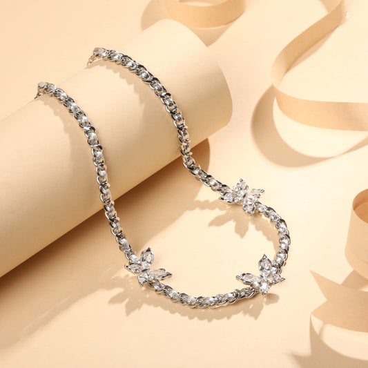 Triple Bloom Minimalist Petal Design Silver Plated Zircon Pendant Chain