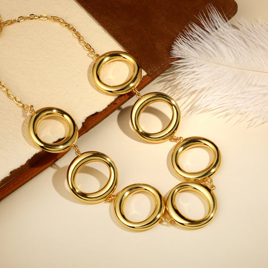 Linked Circles Modern Chunky Collar Necklace in Gold Tone