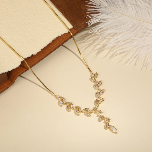 Gleaming Leaf Design 18KT Gold Plated Zircon Necklace