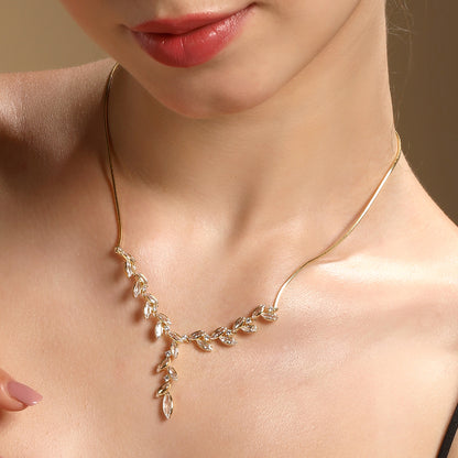 Gleaming Leaf Design 18KT Gold Plated Zircon Necklace