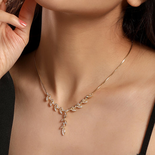 Gleaming Leaf Design 18KT Gold Plated Zircon Necklace