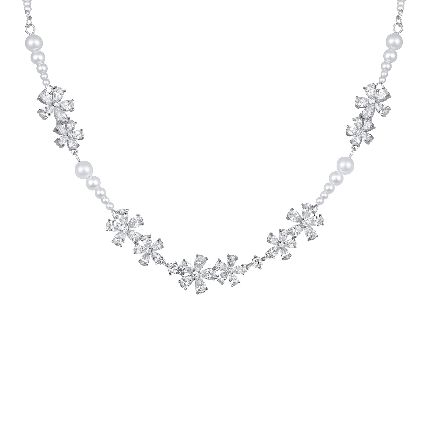 Flower Design White Pearl Silver Plated Zircon Necklace Chain