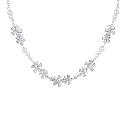 Flower Design White Pearl Silver Plated Zircon Necklace Chain