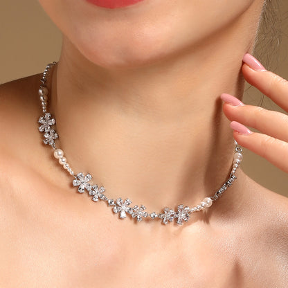 Flower Design White Pearl Silver Plated Zircon Necklace Chain