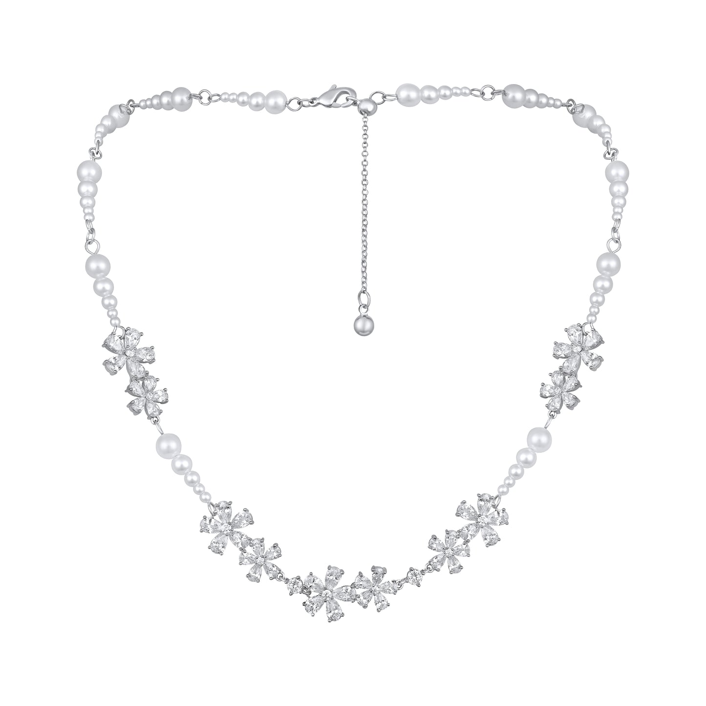 Flower Design White Pearl Silver Plated Zircon Necklace Chain