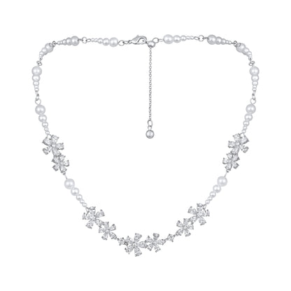 Flower Design White Pearl Silver Plated Zircon Necklace Chain