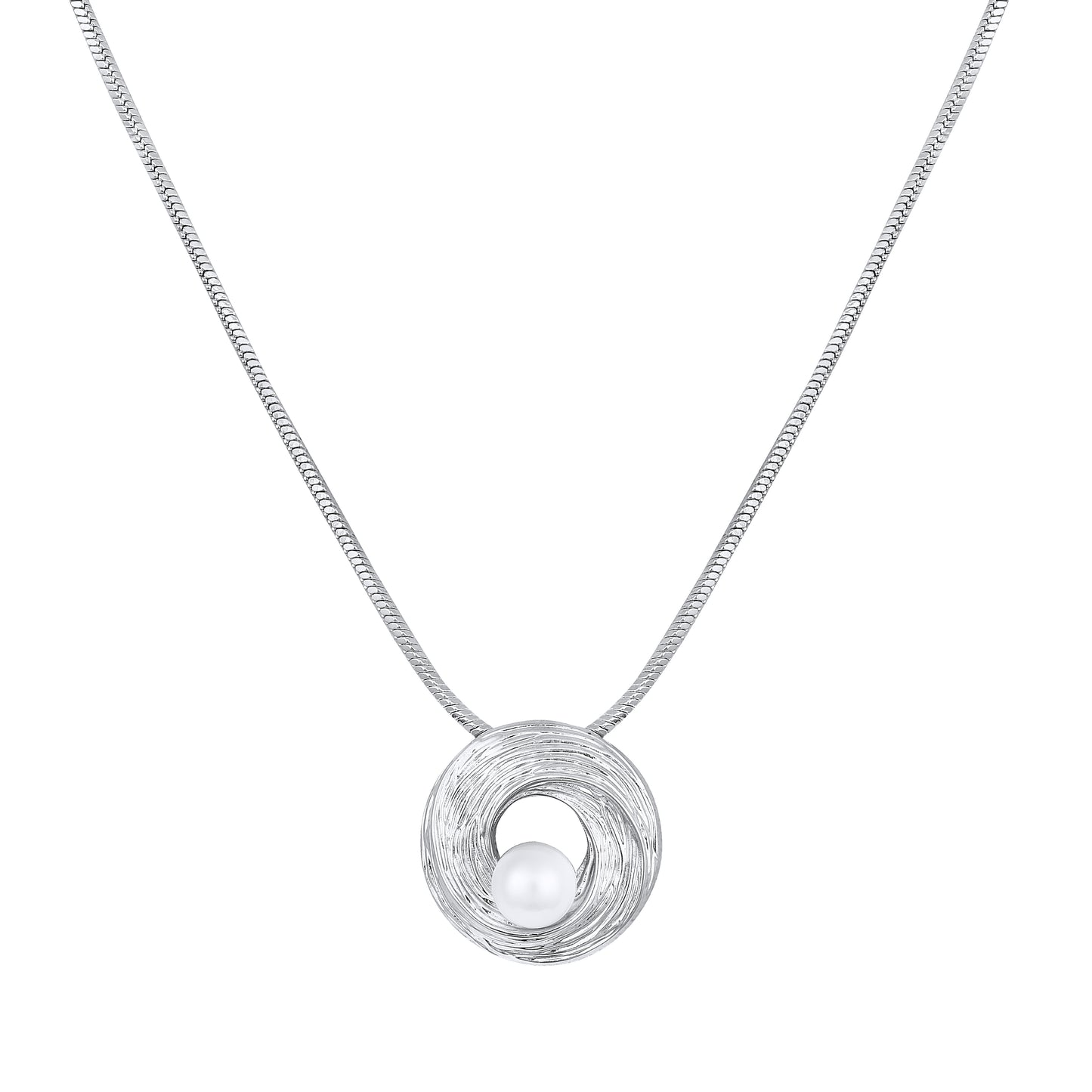 Crease Circle Round White Pearl Silver Plated Pendant Chain