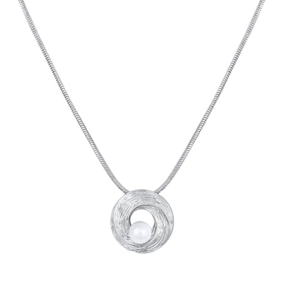 Crease Circle Round White Pearl Silver Plated Pendant Chain
