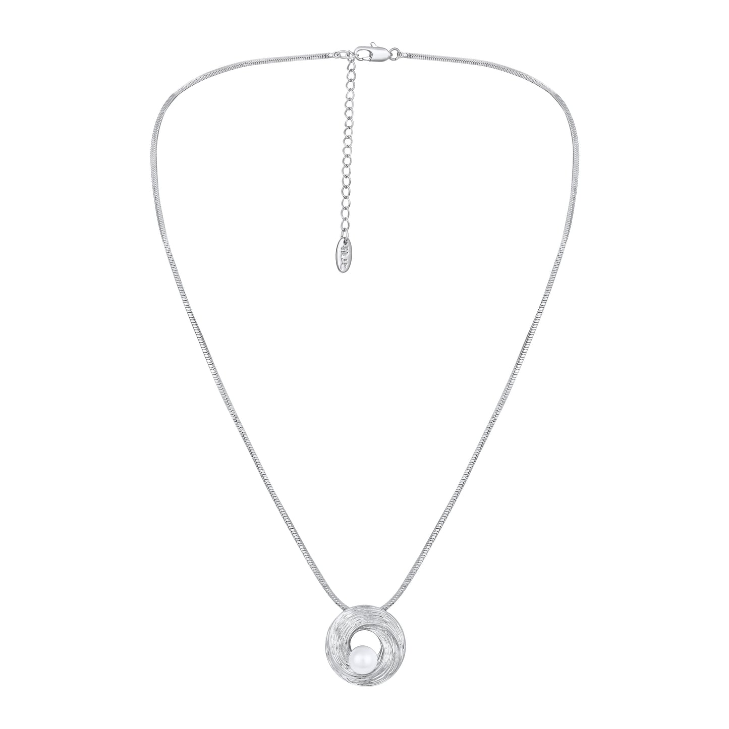 Crease Circle Round White Pearl Silver Plated Pendant Chain