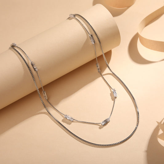 Impressive 2 Layered Silver Plated Zircon Necklace Chain