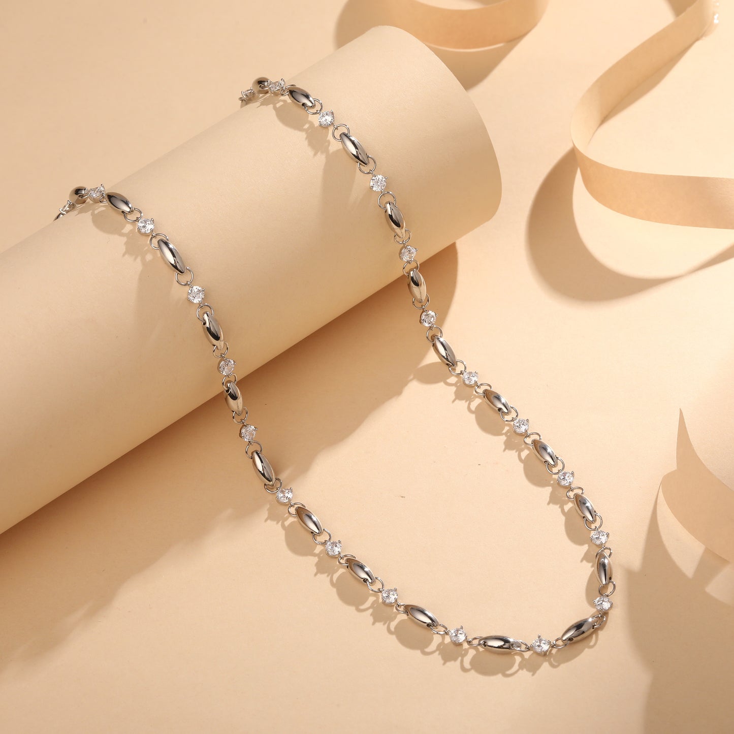 Sparkling Sterling Silver Beaded Silver Plated Zircon Necklace Chain